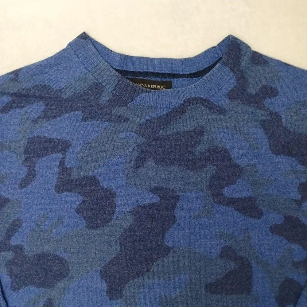 Banana Republic Sweater Mens L Blue Camouflage Pullover Crew Merino Wool SHRUNK